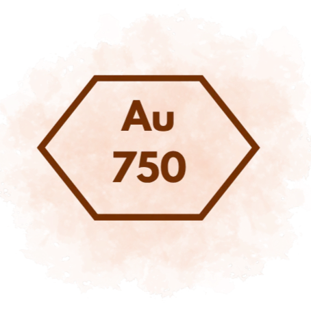 Hexagonal gold hallmark with 'Au 750' on a light brown background