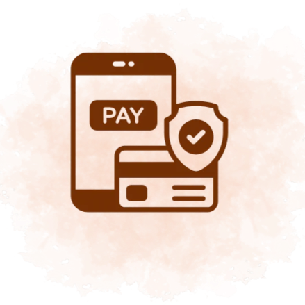 Icon of a smartphone with 'PAY' button, shield with checkmark, and card on a gradient background