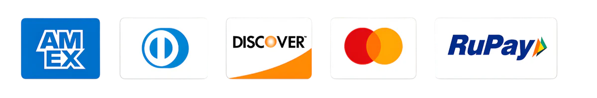 Logos of various financial institutions including AMEX, Diners Club, Discover, Mastercard, and RuPay on a white background.